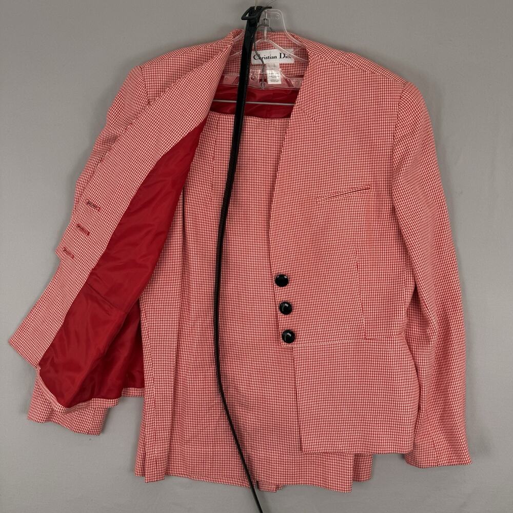 Vintage Christian Dior Houndstooth Skirt Suit Set Red White Jacket Sz 14 USA